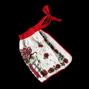 Vintage Christmas Apron Mid Century Poinsettia Noel Music Notes Red White Cotton